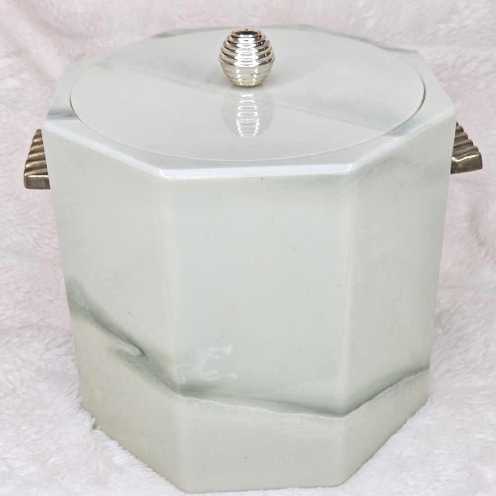 Vintage Faux Jade Acrylic Hexagon Ice Bucket W/lid Barware Cocktail